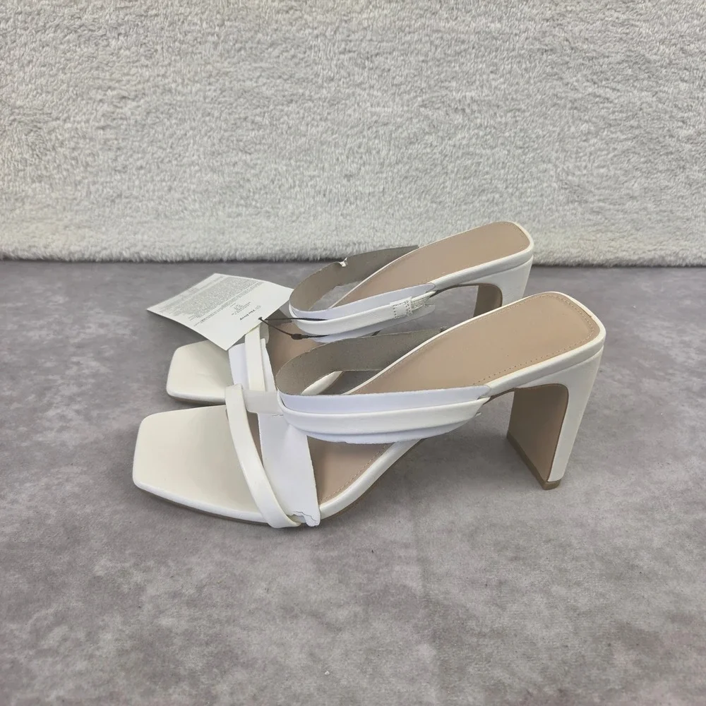 The Drop Avery White Square Toe Two-Strap Block High Heel Sandal Mules Womens 9